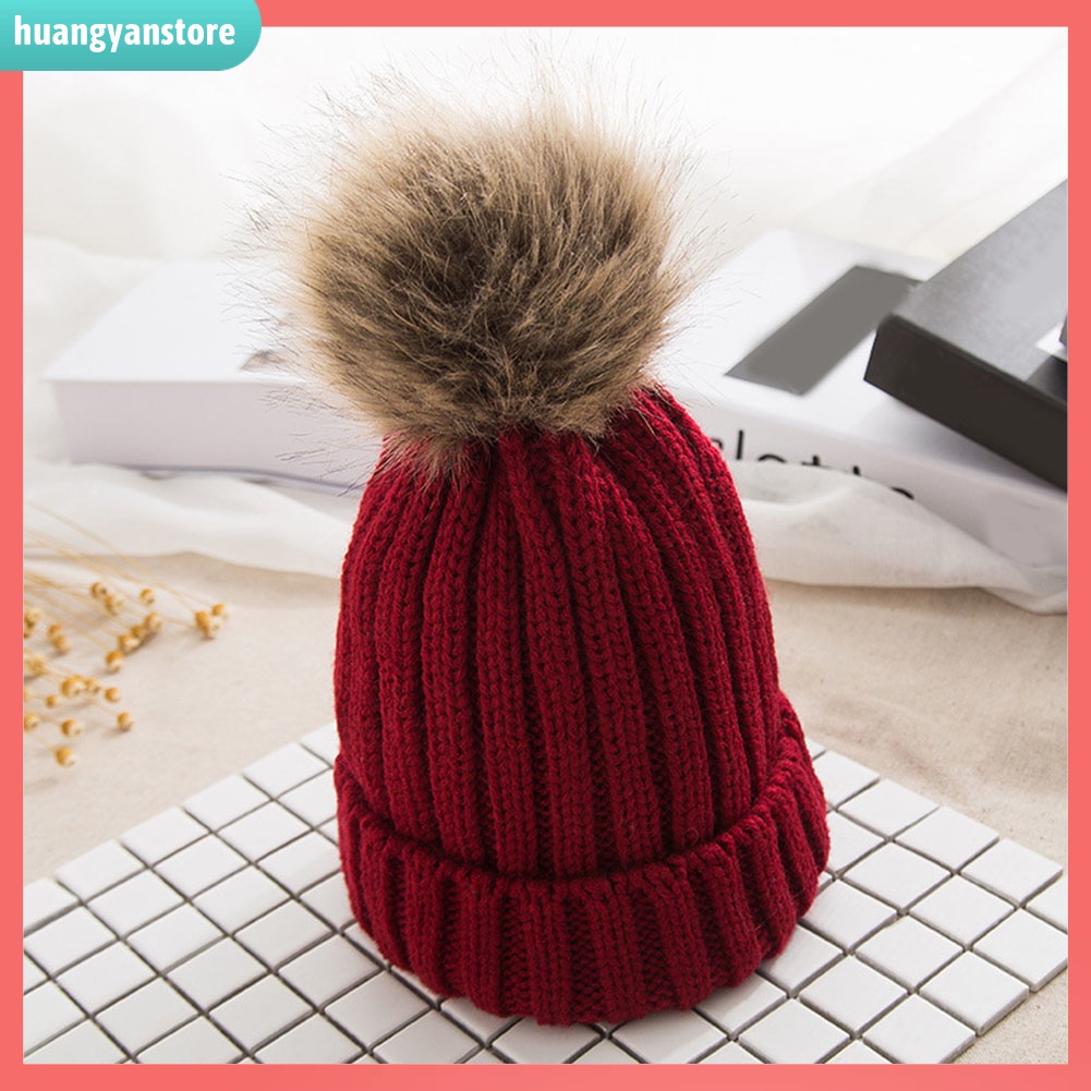 HY| Mũ len đính bóng lông màu trơn giữ ấm cho nữ