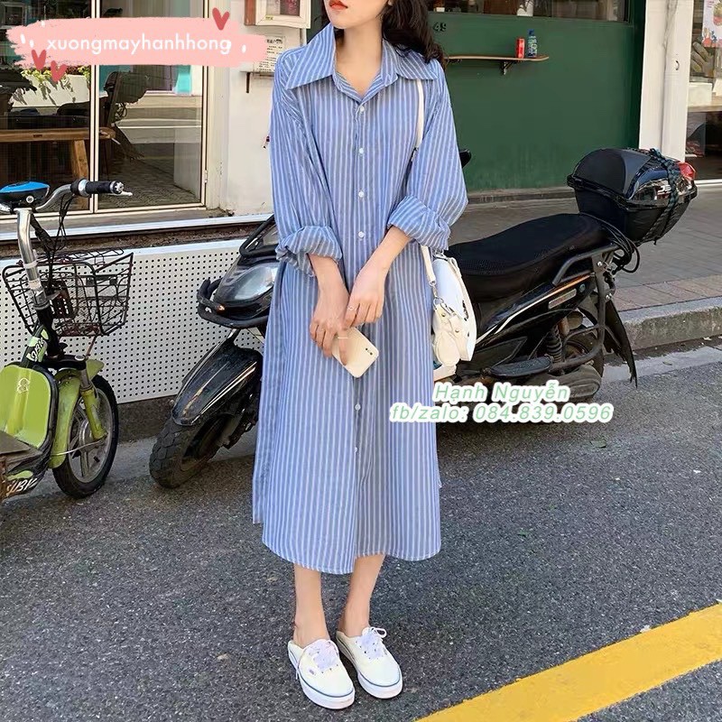 Váy sơ mi kẻ sọc, Đầm sơ mi dài tay họa tiết kẻ sọc phong cách Retro Hàn Quốc nữ tính - Xưởng May Hạnh Hồng | BigBuy360 - bigbuy360.vn