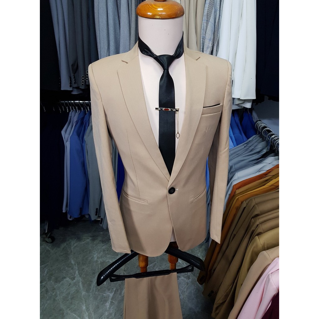 Bộ vest nam form ôm body màu cà phê tặng cà vạt kẹp