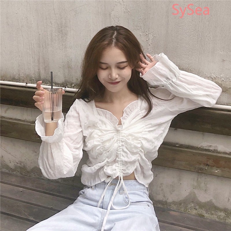 Áo crop top dài tay màu trắng phong cách mùa hè thời trang cho nữ