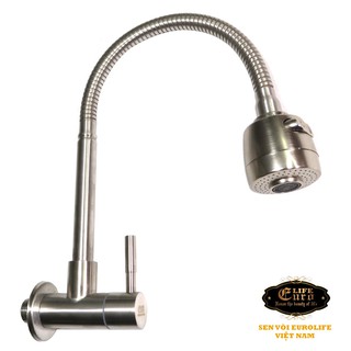 Vòi rửa chén lạnh âm tường, cần lò xo Inox SUS 304 Eurolife EL-RC10 (Trắng vàng)
