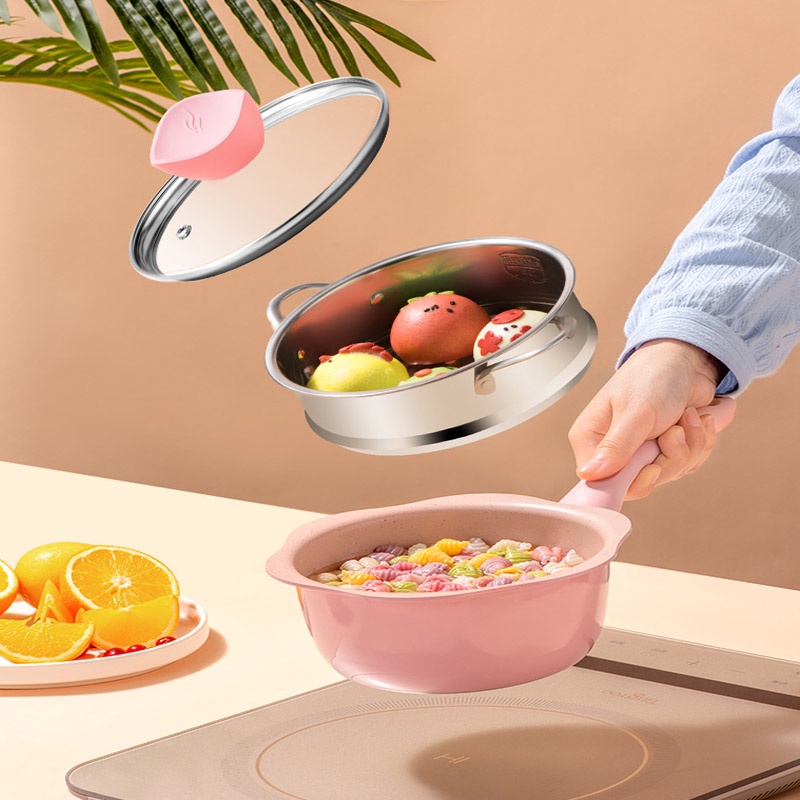 Bộ nồi chảo đá nấu ăn dặm nấu bột nấu cháo cho bé chống dính kèm chảo và xửng hấp inox cho bé ăn dặm kiểu nhật BLW
