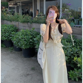 Đầm midi nude cổ tim viền bèo tay phồng thanh lịch tiểu thư cổ điển vintage retro