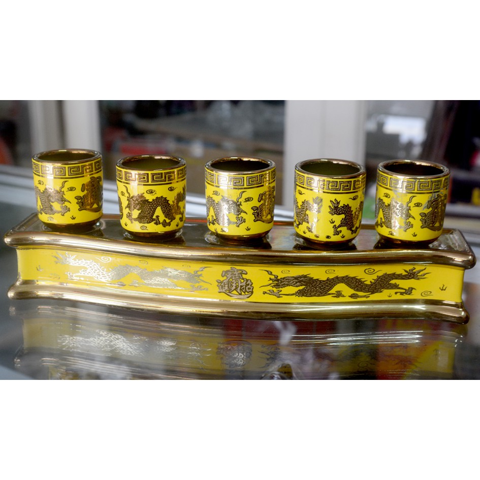 Án năm-Bộ năm ly nước thờ cúng rồng vàng 3D 29cm