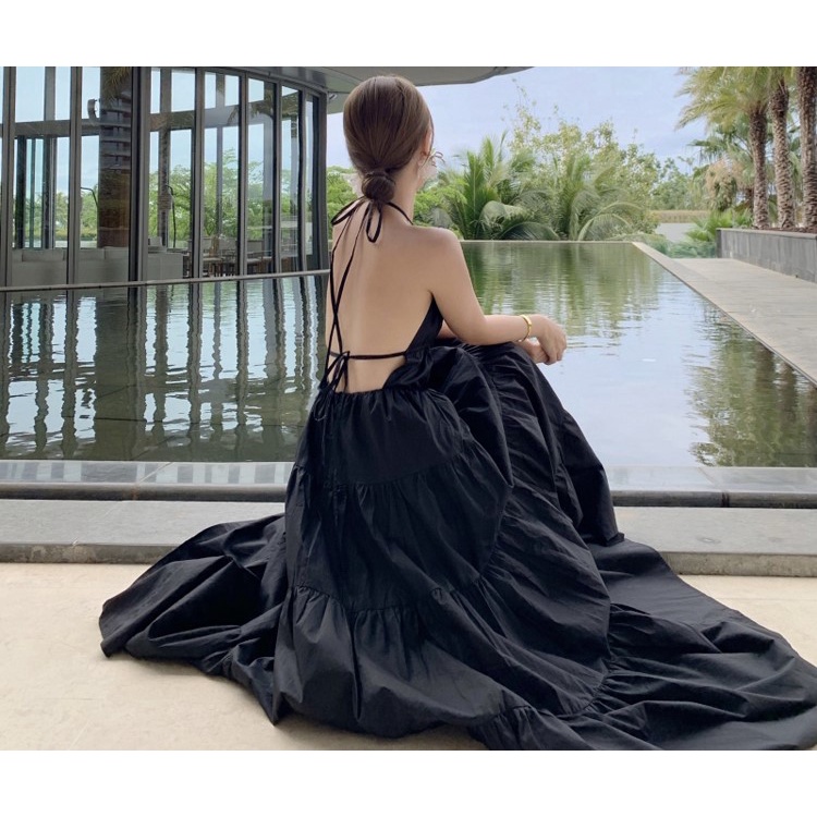 Đầm Maxi hai dây hở lưng xòe đi biển màu đen HDC91 Hỉn Hỉn Store