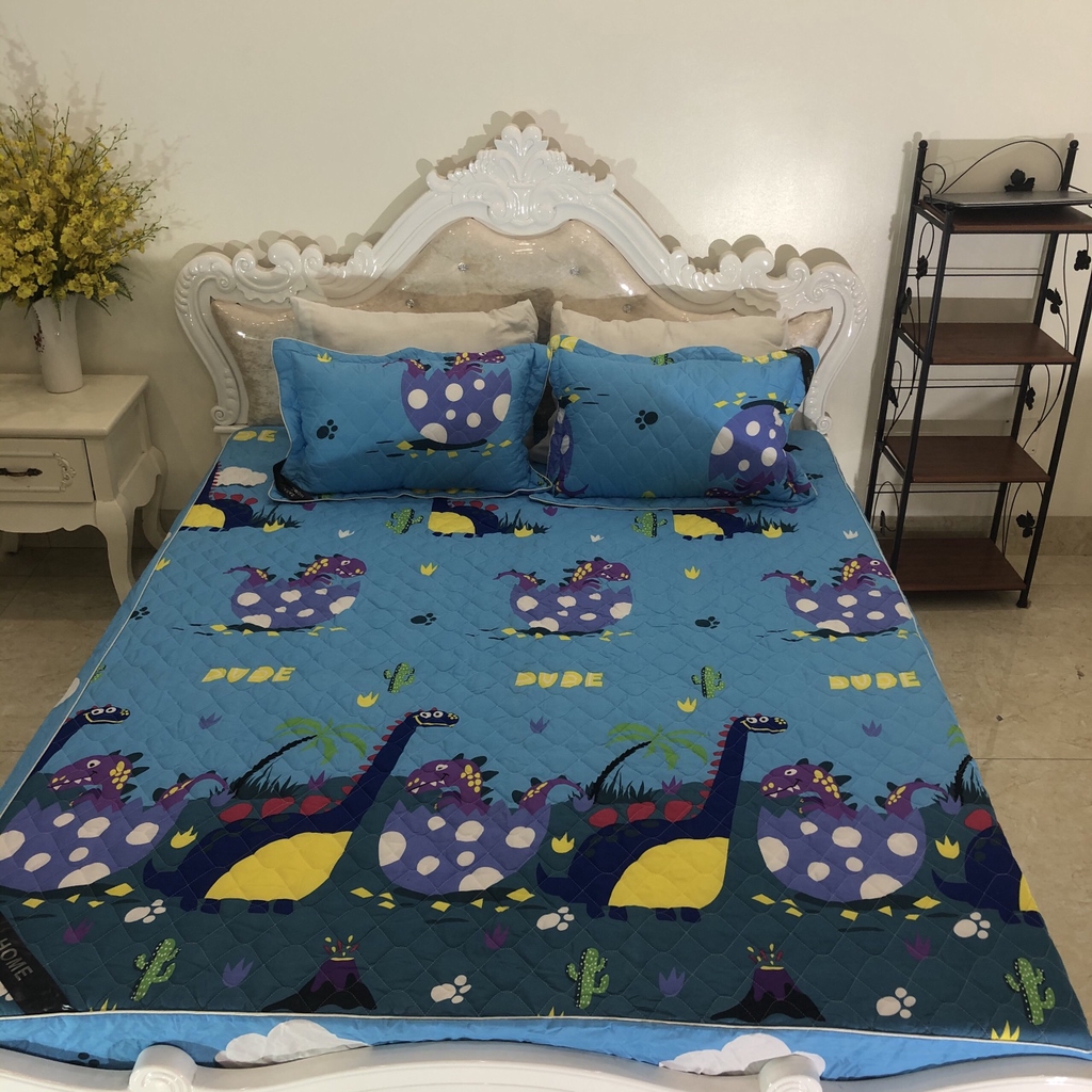 Bộ Ga Gối 3 món poly đệm 1m6 và 1m8-họa tiết khủng long xanh dương
