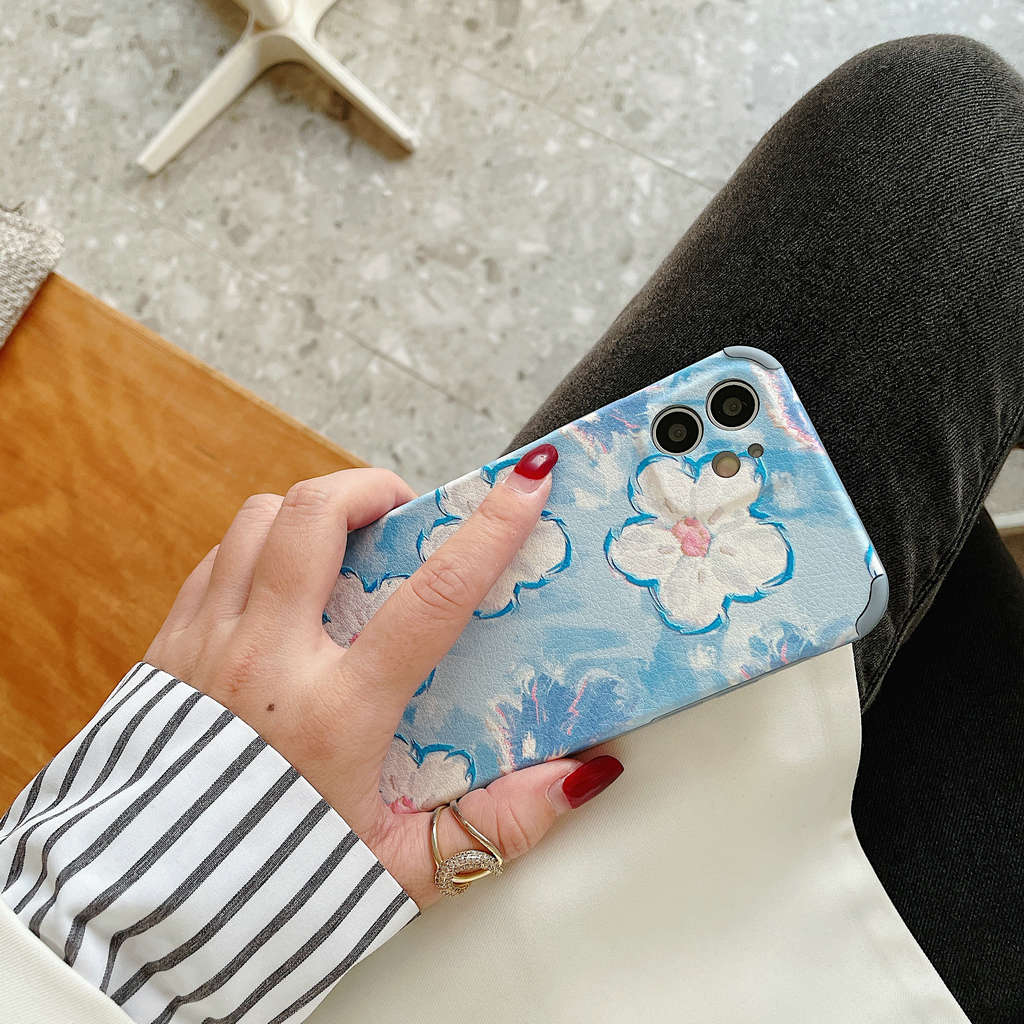 Blue oil painting flowers Soft Leather Ốp Vivo V20 Pro V9 Y81i Y50 Y17 S1 Y19 Y30 Y12 V11i Y81 Y15 X20 Y85 X30 OPPO A53 A5 A9 2020 A31 A92 R9s A12 Reno 4Z A7 F9 A3s A12e A5s Case