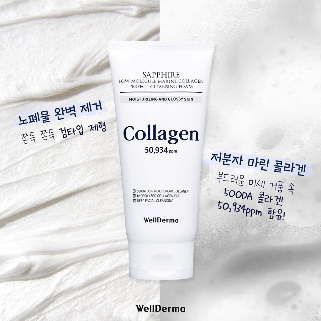 Bộ 2 Sữa rửa mặt Collagen 150g+Máy rửa mặt WellDerma Sapphire Low Molecule Marine Collagen Cleansing Duo