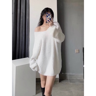 Áo len lông mịn cổ V dáng váy