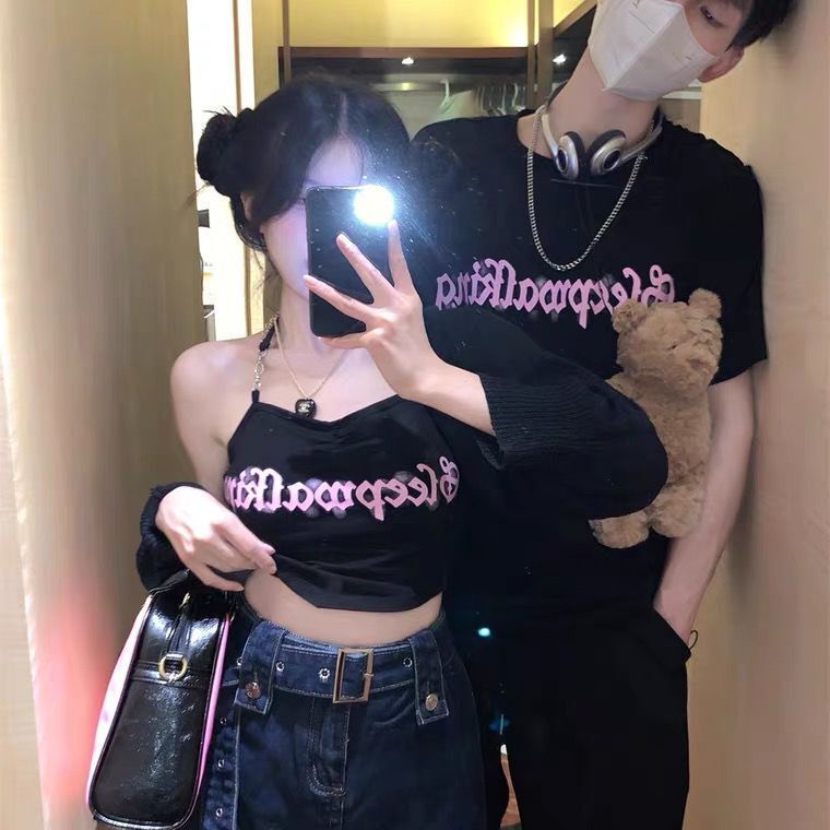 Set Áo Thun Tay Ngắn + Áo Hai Dây In Chữ Thời Trang Cho Cặp Đôi