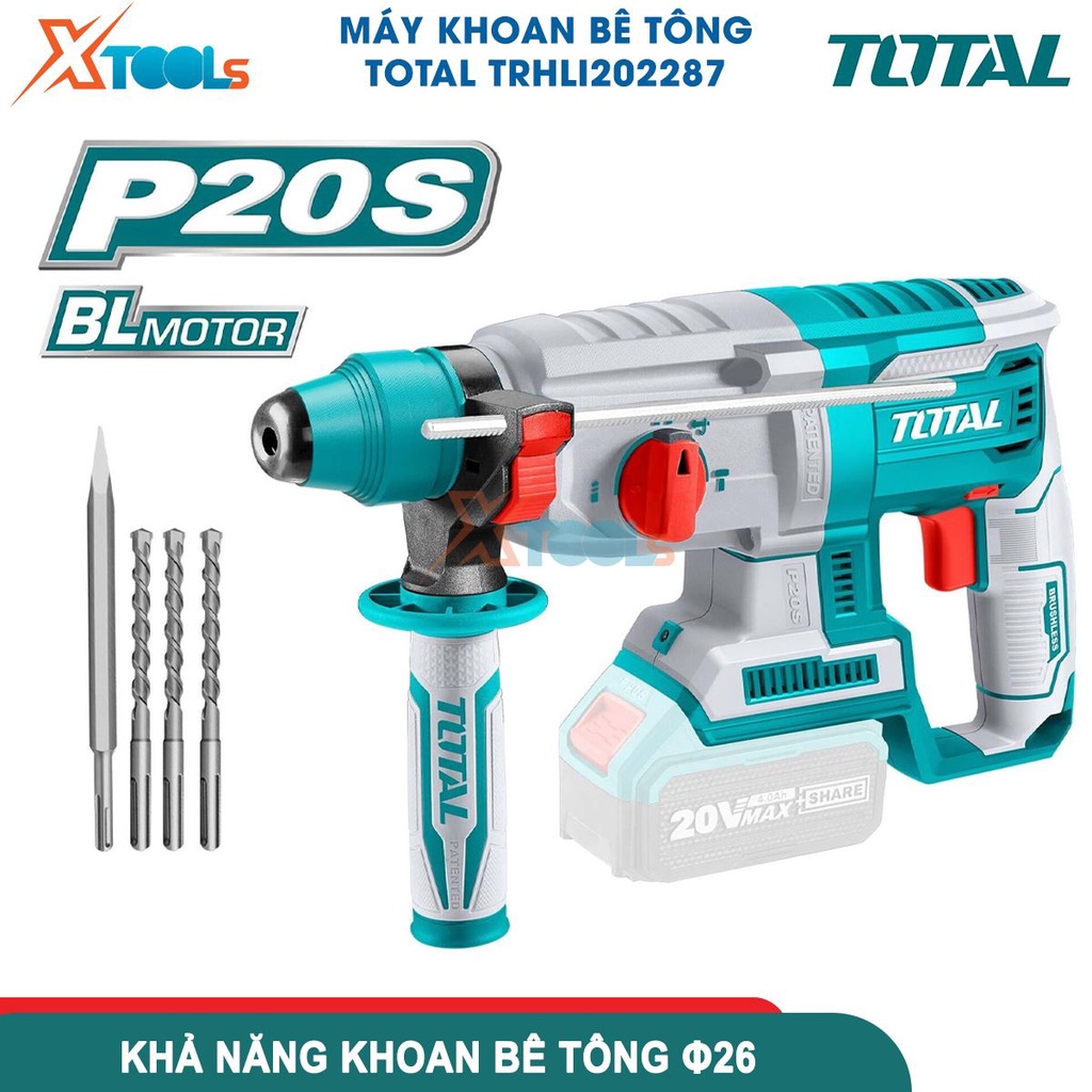 Máy khoan bê tông dùng pin 20V TOTAL TRHLI202287 không chổi than, tốc độ 1100v/p, lực đập 2J - [CHÍNH HÃNG][XTOOLS]