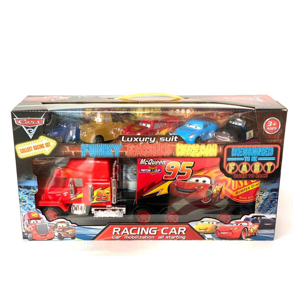 Bộ xe tải Mc Queen chở xe con, bộ 8 ô tô đồ chơi chạy đà nhân vật film car, xe tải McQueen điều khiển tặng kèm pin