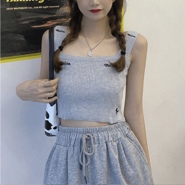 SUXI Áo Lửng Hai Dây Thêu Chữ Phong Cách Hàn Quốc Dành Cho Nữ