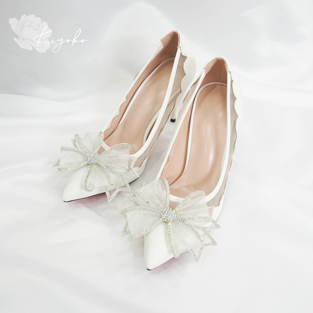 Giày cưới cao gót đính nơ lấp lánh cao 9cm ( tăng 1 size khi mua )