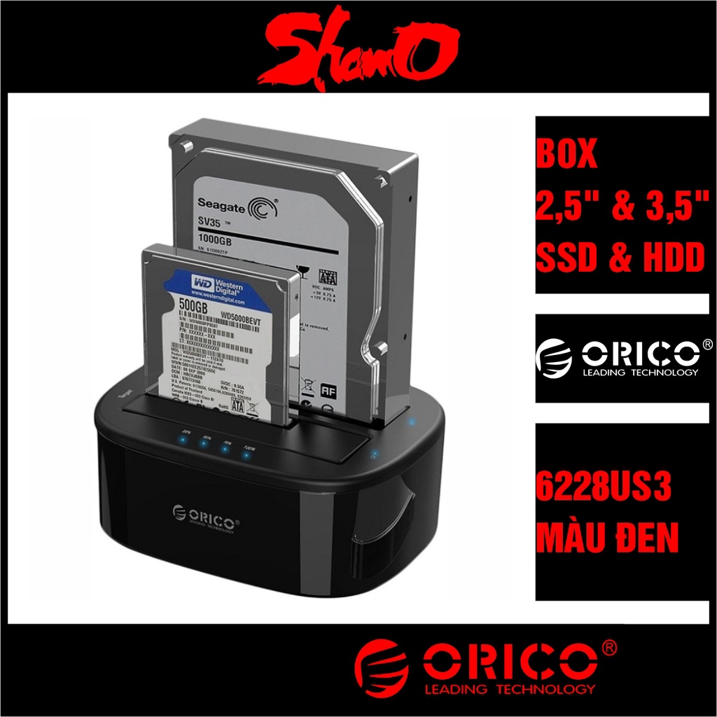 Box ổ cứng 2.5” &amp; 3.5” Orico 6228US3 – Màu đen – Chính hãng – Dùng cho SSD và HDD size 2.5 inch và 3.5 inch