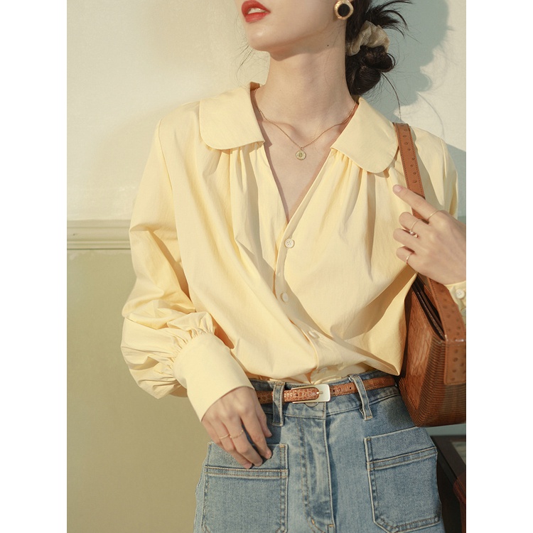 Áo Sơ Mi Nữ Tay Dài Cổ Búp Bê Xếp Ly Phong Cách Hàn Quốc baju baju wanita Lenan panjang
