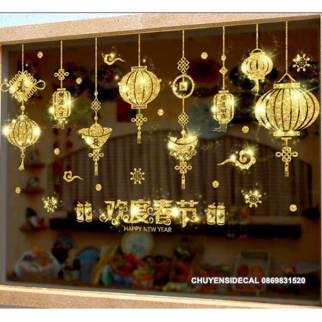 Decal dán Tết - Rèm ĐÈN VÒNG nhũ vàng