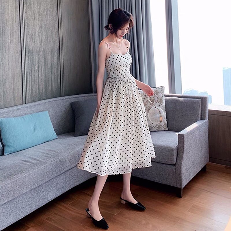 [ Sale ]Maxi hai dây chấm bi cúp ngực dài qua gối thướt tha uyển chuyển mùa hè