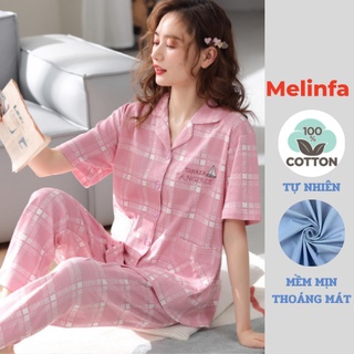 Bộ đồ ngủ Pijamas nữ, Bộ đồ mặc nhà nữ chất vải cotton ngắn tay quần dài kiểu kẻ Basic phong cách Hàn Quốc mã VABD0168