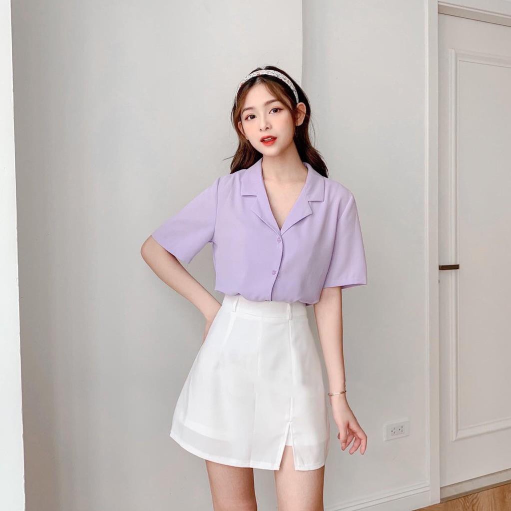 Áo sơ mi nữ cổ vest trơn màu chất đũi