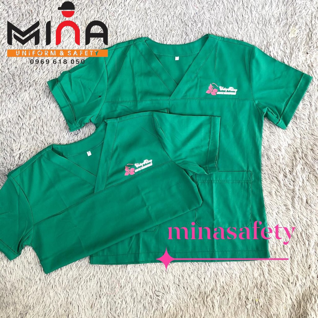 Bộ scrubs bác sĩ, quần áo y tế - Màu Xanh lá không túi ngực (có hình ảnh thực tế)