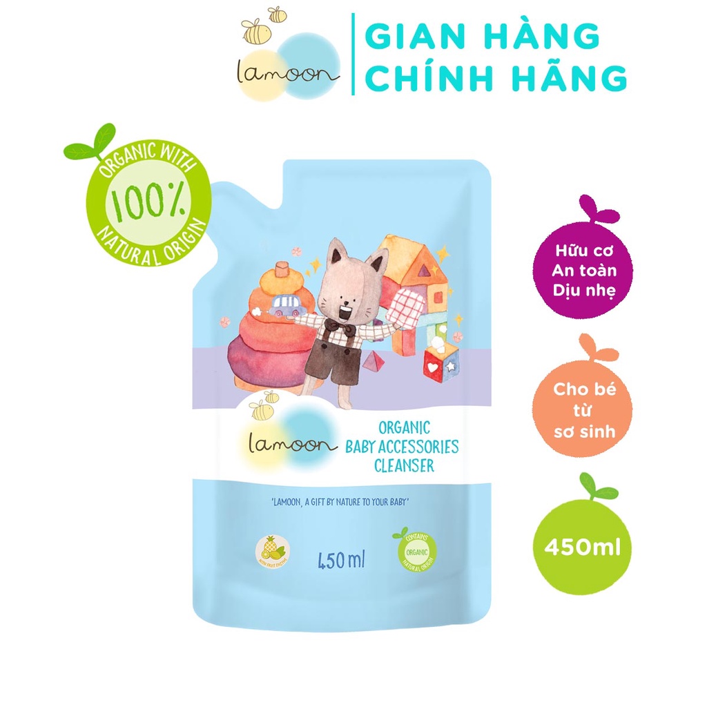 Nước rửa đồ chơi Organic cho bé Lamoon - Túi 450ml