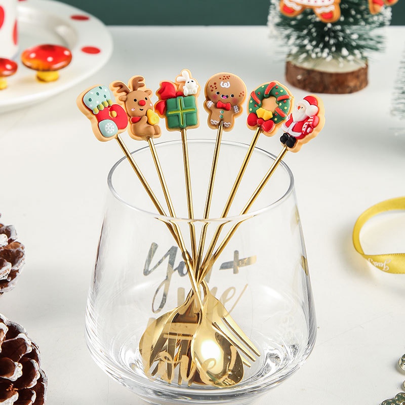 Muỗng / Nĩa Inox Hình Ông Già Noel / Bánh Gừng / Bánh Mì / Trái Cây Phong Cách Giáng Sinh