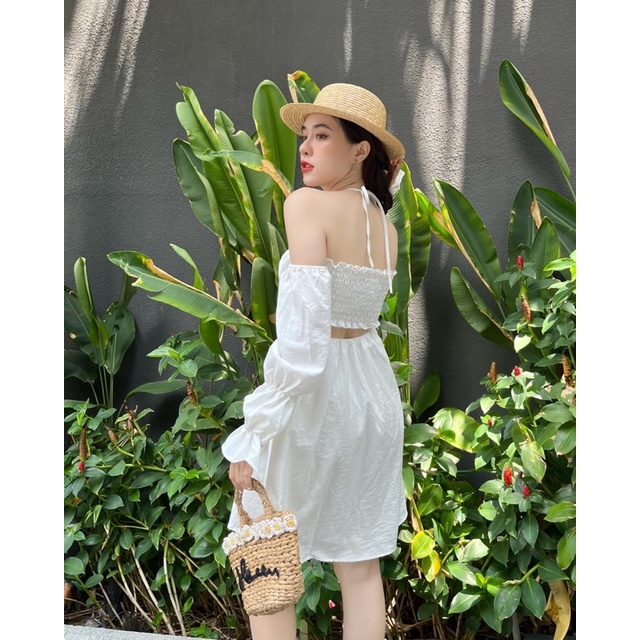 Đầm trễ vai đầm xòe đầm 2 lớp nơ lưng co giãn siêu xinh - OLIVIA DRESS