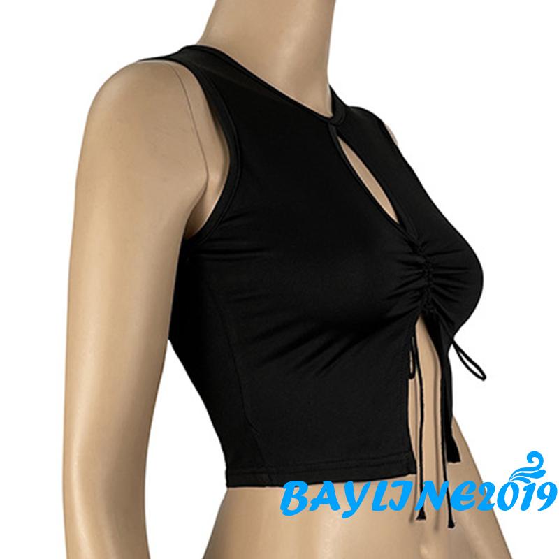 Áo croptop không tay màu trơn thiết kế khoét lỗ có dây rút thời trang mùa hè màu đen cho nữ