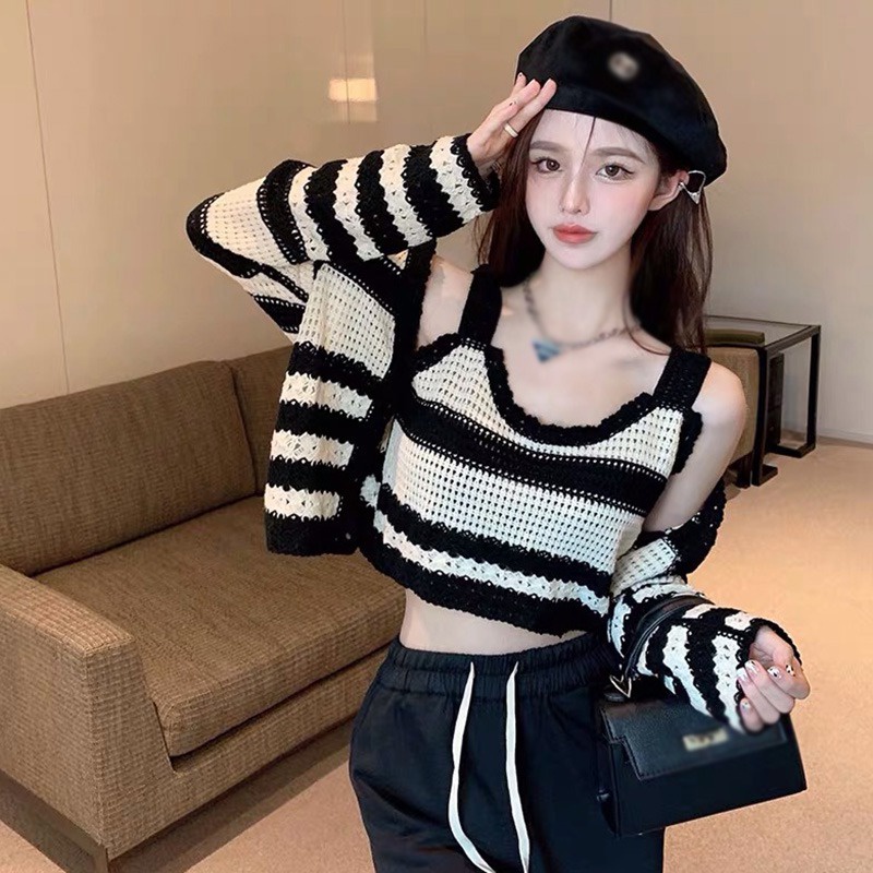 Set Áo Hai Dây + Áo Khoác Cardigan Họa Tiết Sọc Ngang Thời Trang Dành Cho Nữ