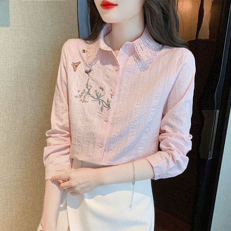 áo sơ mi nữ áo sơ mi  áo sơ mi tay ngắn áo kiểu nữ Áo Sơ Mi Cotton Tay Dài Thêu Họa Tiết Thời Trang Mùa Thu 2022 Cho Nữ