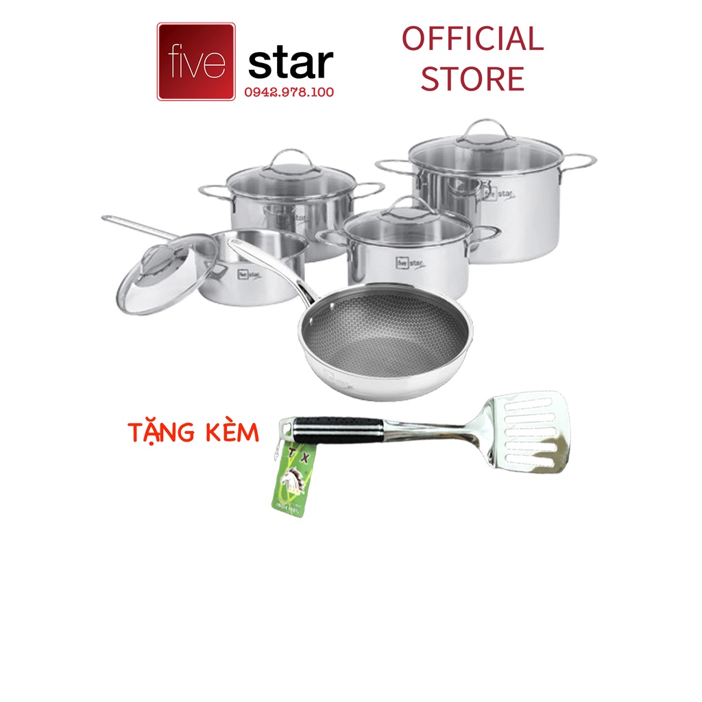 Bộ nồi chảo chống dính sâu lòng tổ ong 3 lớp đáy liền inox 304 Fivestar Plus quai oval nắp kính , tặng 1 sạn inox