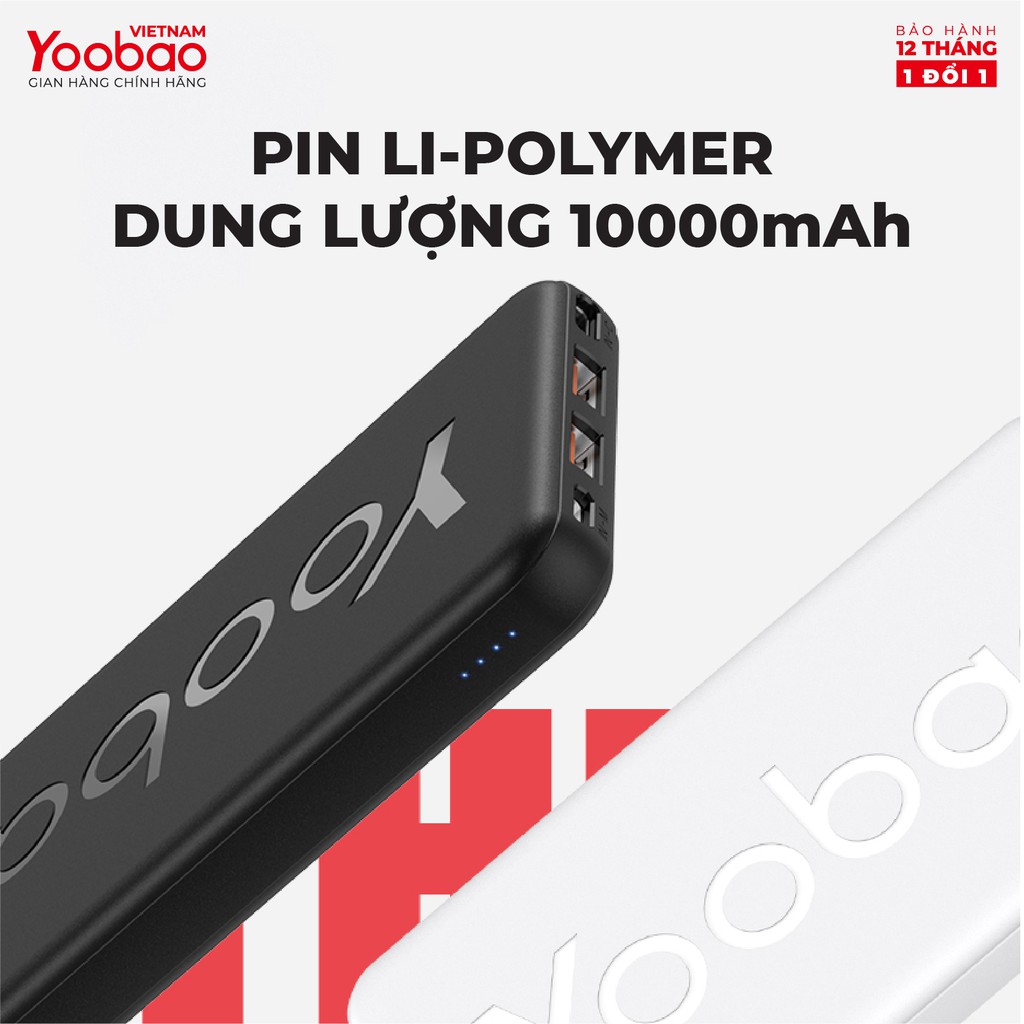 Sạc dự phòng 10000mAh Yoobao P10T Sạc nhanh 2.1A - Hàng phân phối chính hãng - Bảo hành 12 tháng 1 đổi 1