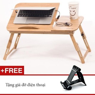 Bàn laptop gỗ tre đa năng L08 ngăn kéo tiện lợi + Giá điện thoại