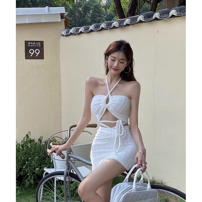 Set áo croptop+chân váy lông Ulzzang