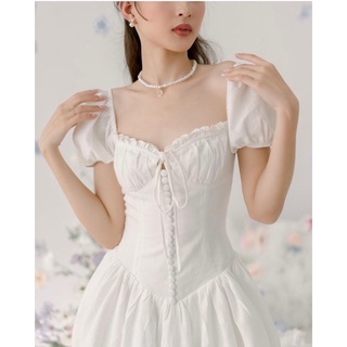 ĐẦM TRẮNG NÚT BỌC PHỐI REN TAY BÚP [kèm ảnh thật]