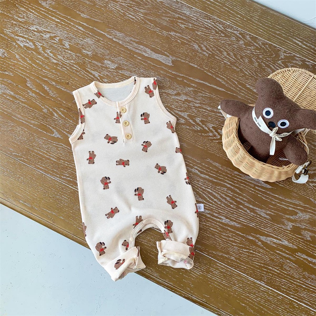 Bộ Áo Liền Quần Không Tay Chất Liệu Cotton In Hình Gấu Dễ Thương Dành Cho Bé Trai Gái