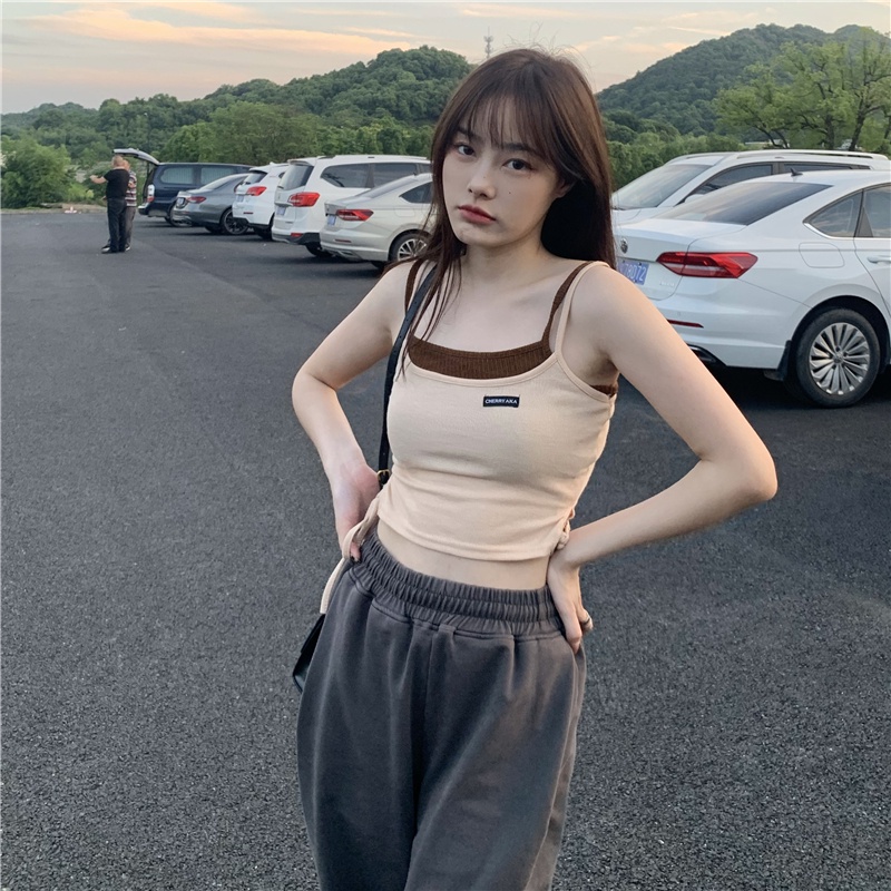 Áo Tank Top Giả Hai Lớp Dáng Ngắn Phong Cách Retro Mùa Hè Cho Nữ