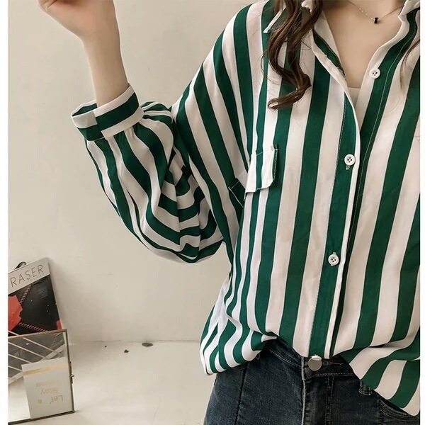 THEODORA M-4XL Black/Green stripe long sleeve plus size mid-long boyfriend shirt Button down bigsize women blouse Fashion loose modern wear
