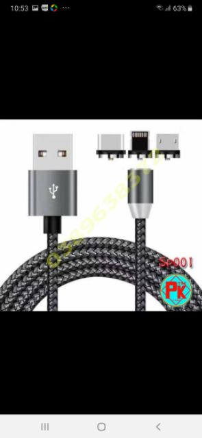Dây sạc nam châm 3 đầu Iphone, Type C, micro USB, có đèn led sáng