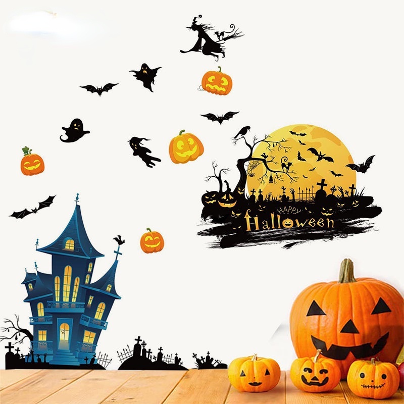 Bộ 4 Tấm Sticker Dán Tường / Kính Cửa Sổ / Cửa Sổ Họa Tiết Halloween Độc Đáo