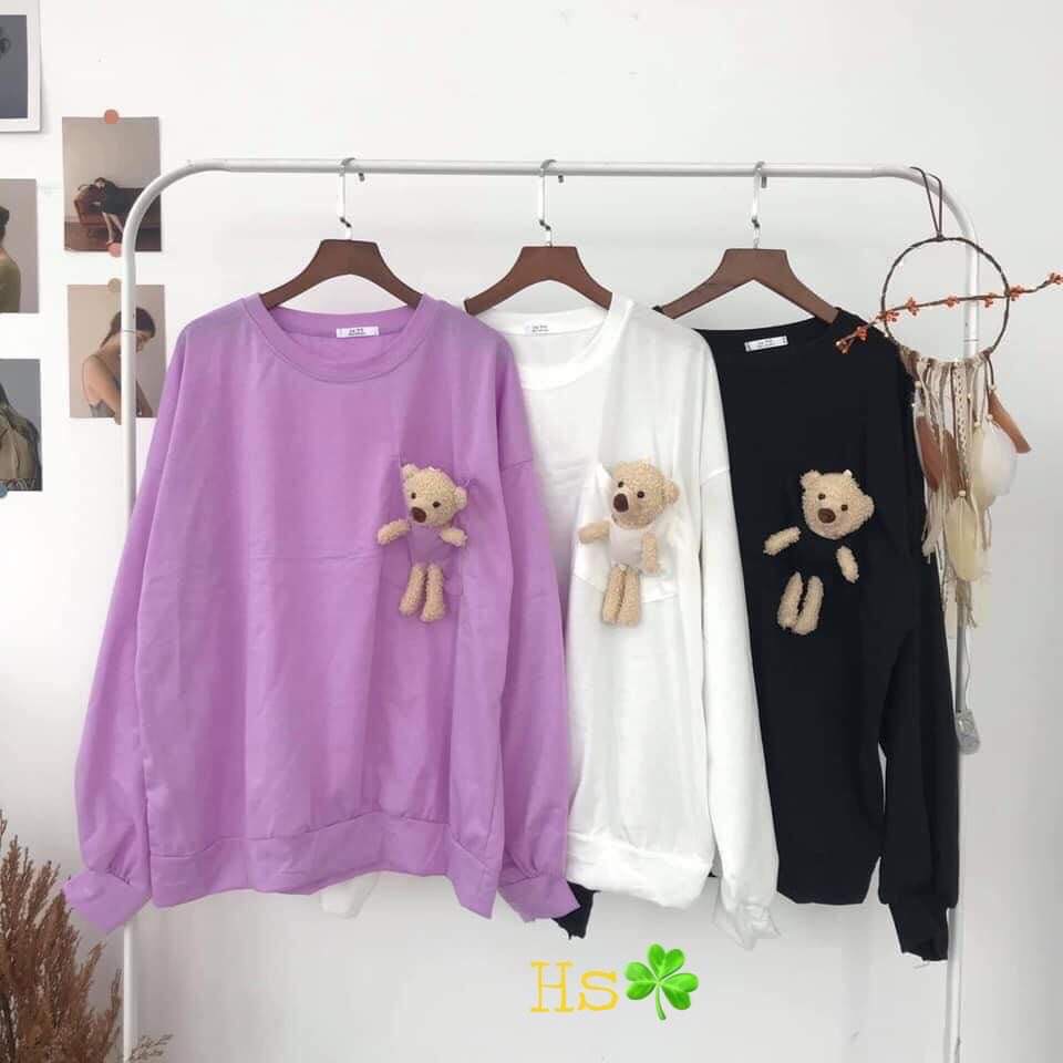 Áo hoodie mix gấu siêu yêu 9785 chất da cá gấu mix ơ túi ngực 3 màu Trắng, Tím và Đen. cho bạn đi dạo phố,