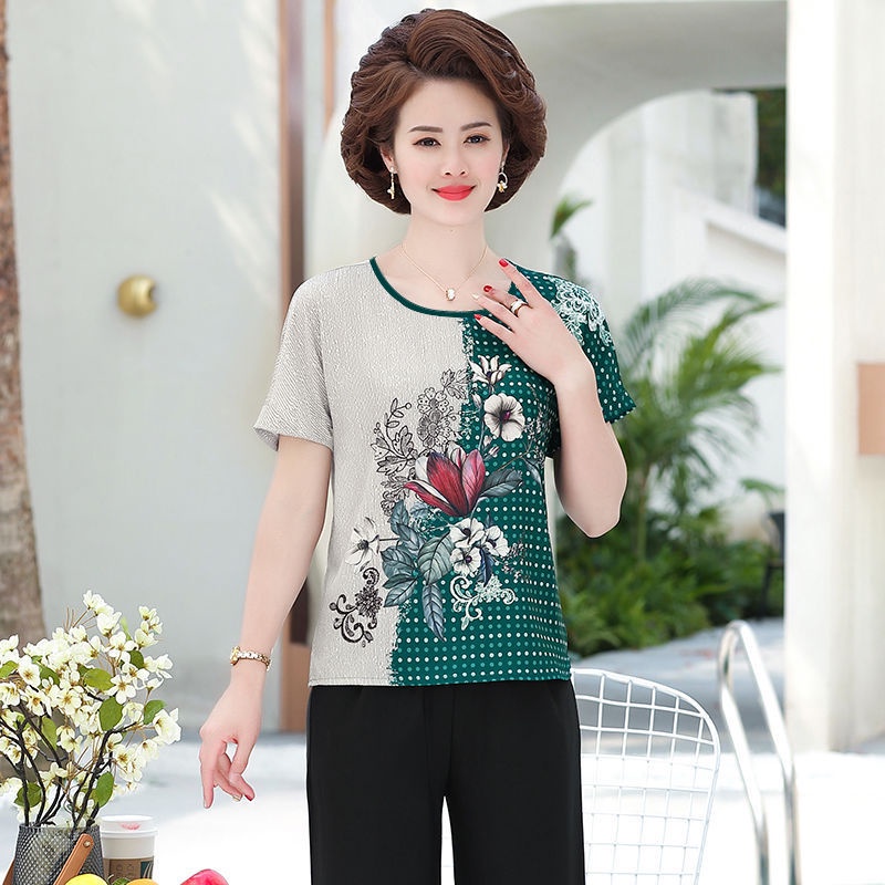 Áo Thun Lụa Lạnh Dáng Rộng In Họa Tiết Xinh Xắn Thời Trang Cho Phụ Nữ Trung Niên Q1WO