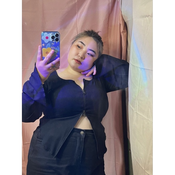 Áo croptop bigsize khoá kéo tay dài thun tăm siêu dày siêu dãn , vạt bầu hack eo cực chuẩn