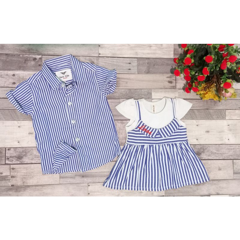 Sơmi sọc cộc tay bé trai và váy yếm cho bé gái [hình thật shop tự chụp]