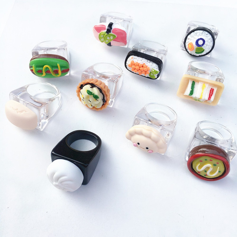 Nhẫn đeo ngón tay resin acrylic trái cây thức ăn sandwich cơm cuộn sushi Hàn Quốc hình học đáng yêu thời trang cho nữ