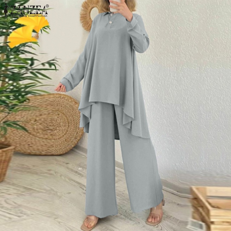 ZANZEA Bộ Áo Sơ Mi Dài Tay Cài Nút + Quần Dài Lưng Thun Ống Rộng Thời Trang Cho Nữ