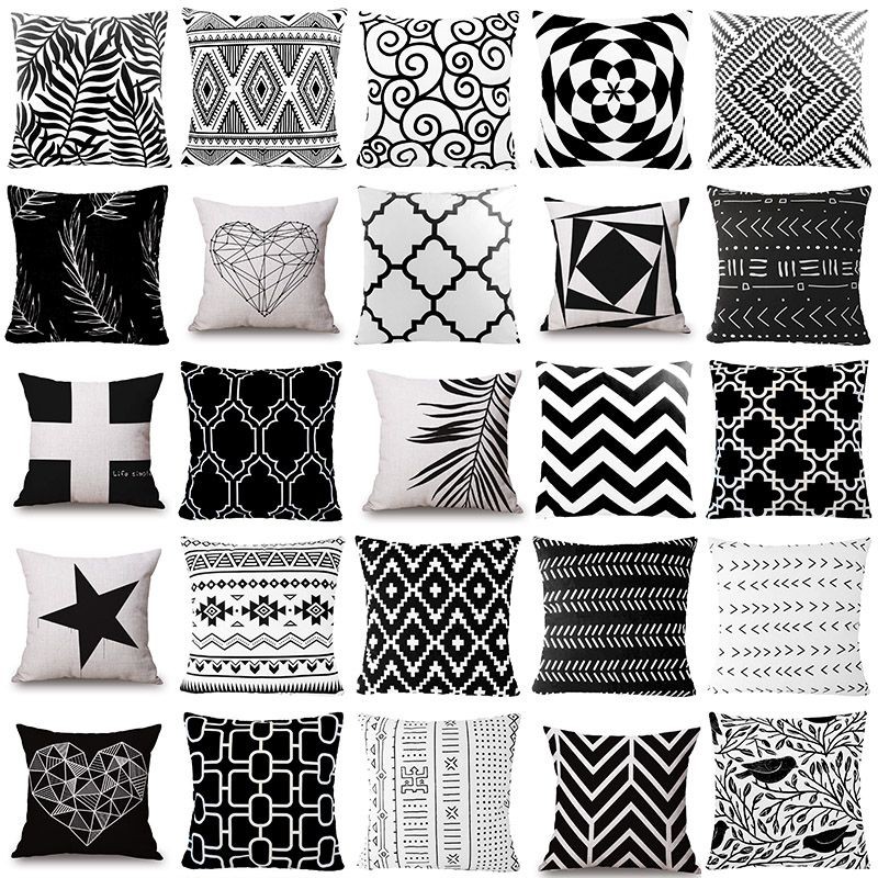 2022 Geometric Cushion Cover Home Sofa Decor Black and White Linen Pillow Case