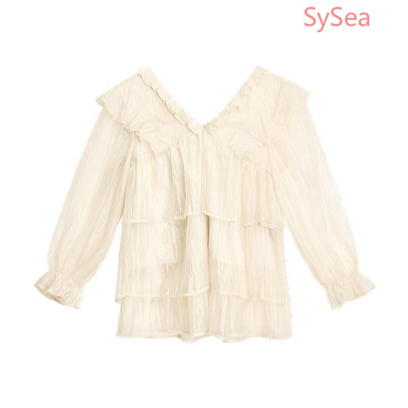 Áo Chiffon Tay Dài Dáng Rộng Xếp Tầng Phong Cách Hàn Quốc Thời Trang Cho Nữ