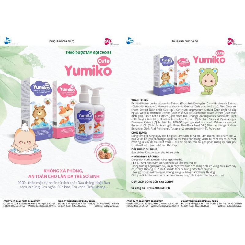 Thảo dược tắm gội cho bé YUMIKO CUTE ( 200ml ) không cần tắm tráng, an toàn cho làn da bé sơ sinh